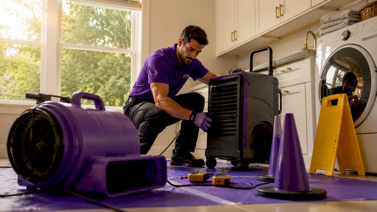 Technician setting up drying equipment in basement