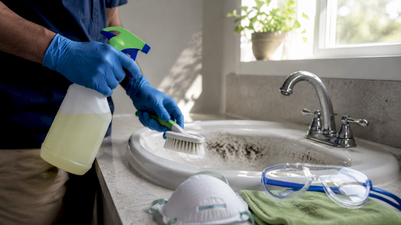 Hands cleaning black mold with PPE