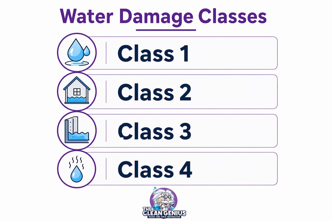 Infographic showing four water damage class levels in vertical flow