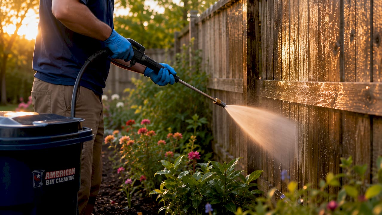 Close-up of pressure washing brick exterior surface
