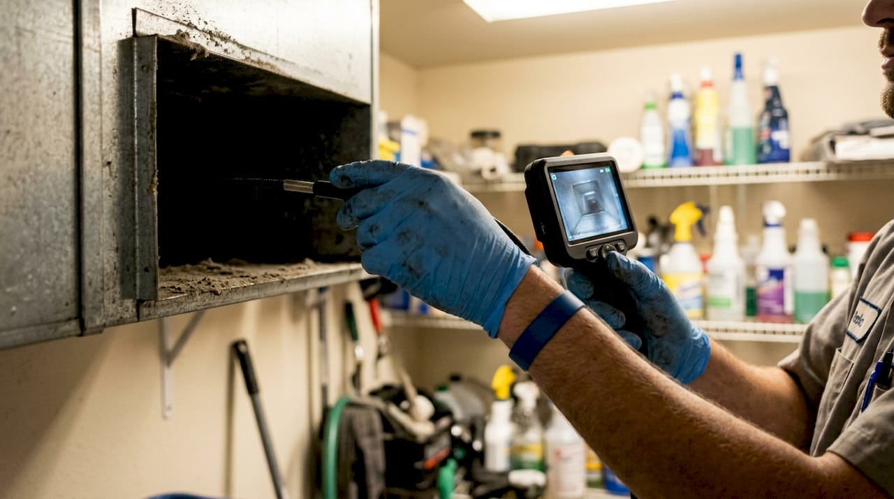 Hands using inspection camera inside HVAC duct