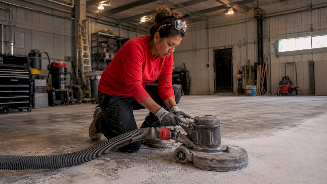 Woman grinding concrete floor for epoxy preparation