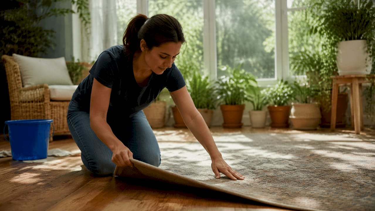 Hands smoothing rug on soft walnut hardwood floor