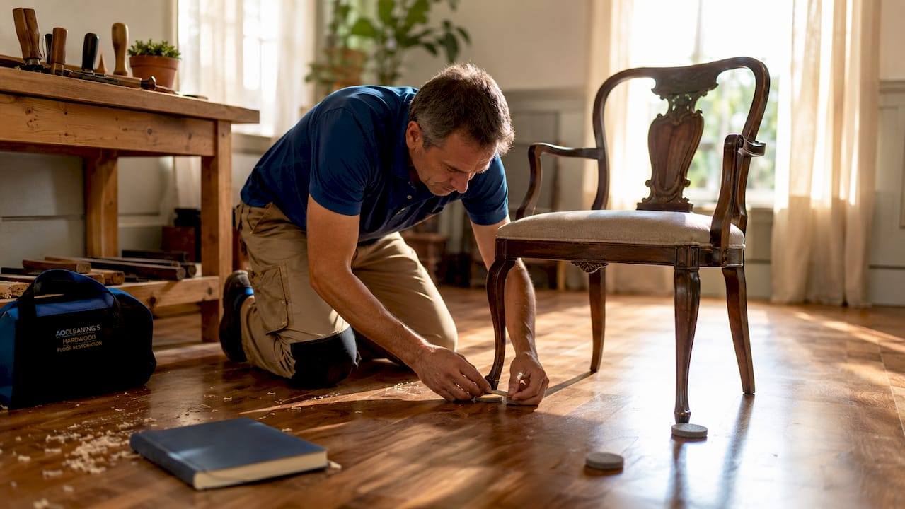 Man applying felt pads under furniture on hardwood floor