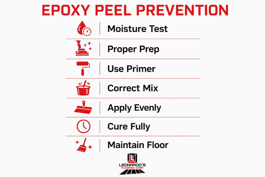 Infographic showing steps to prevent epoxy floor peeling