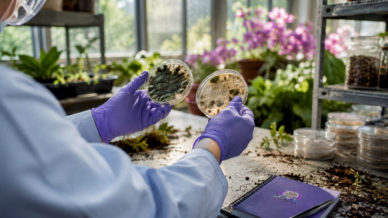 Researcher examining mold samples in lab
