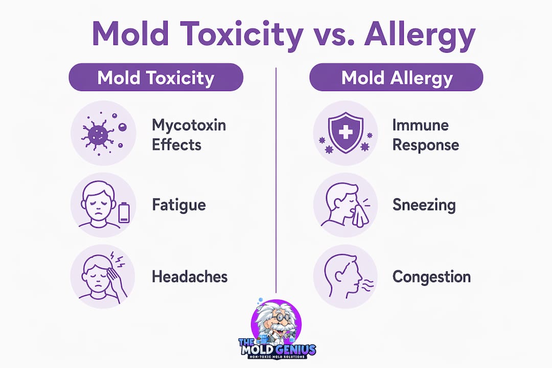 Infographic comparing mold toxicity and mold allergy symptoms