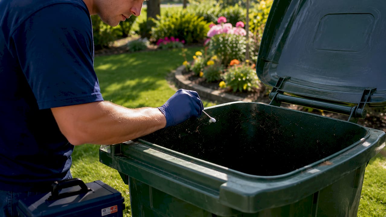 Gloved hand sampling trash bin bacteria