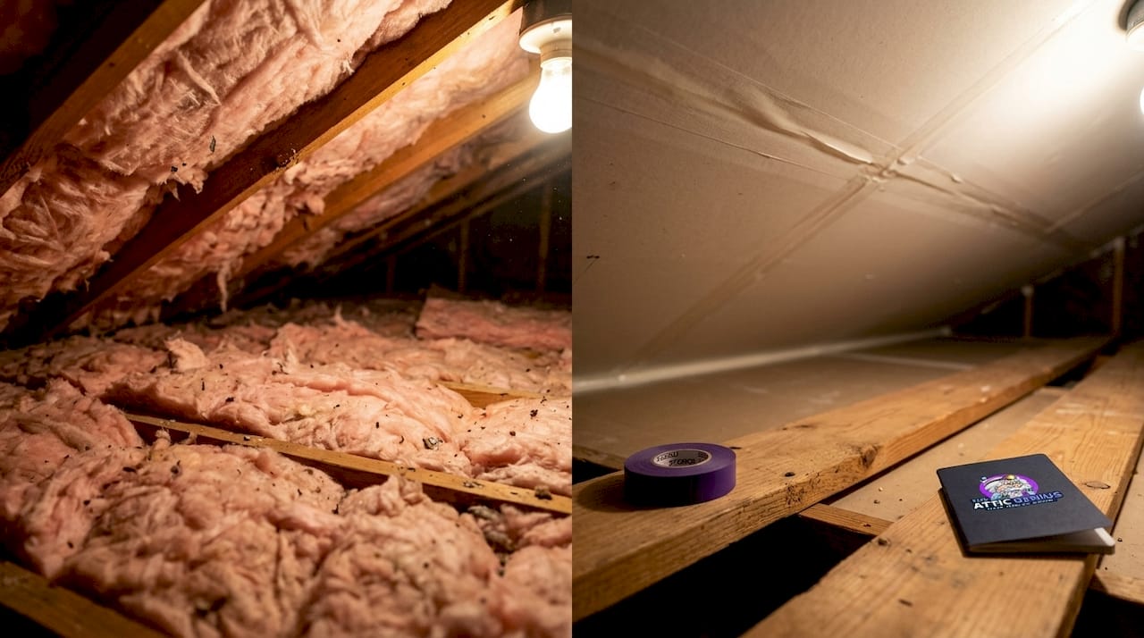 Close-up comparison attic insulation and air barrier