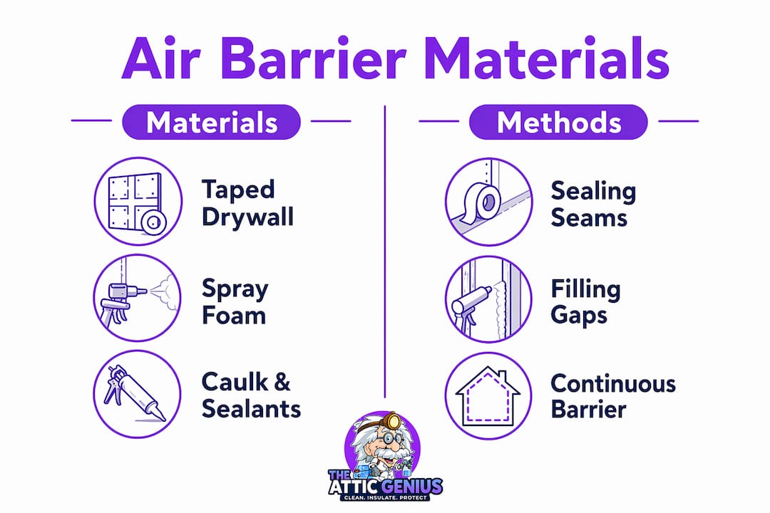 Infographic comparing attic air barrier materials and methods