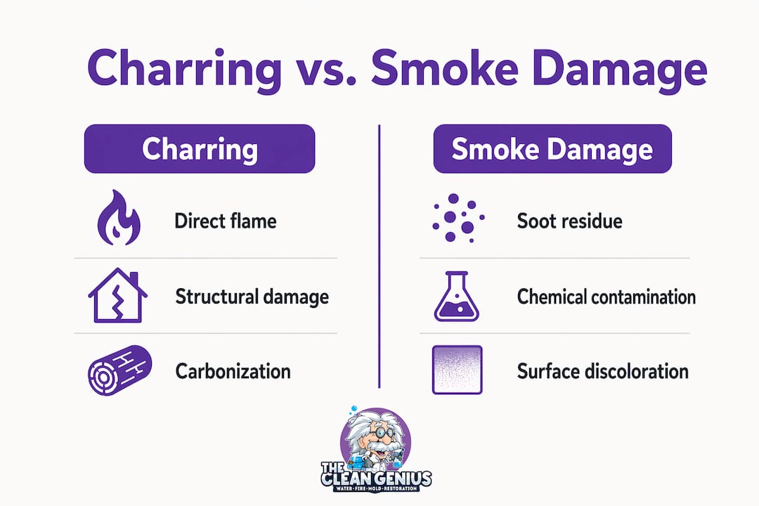 Comparison infographic of charring and smoke damage effects