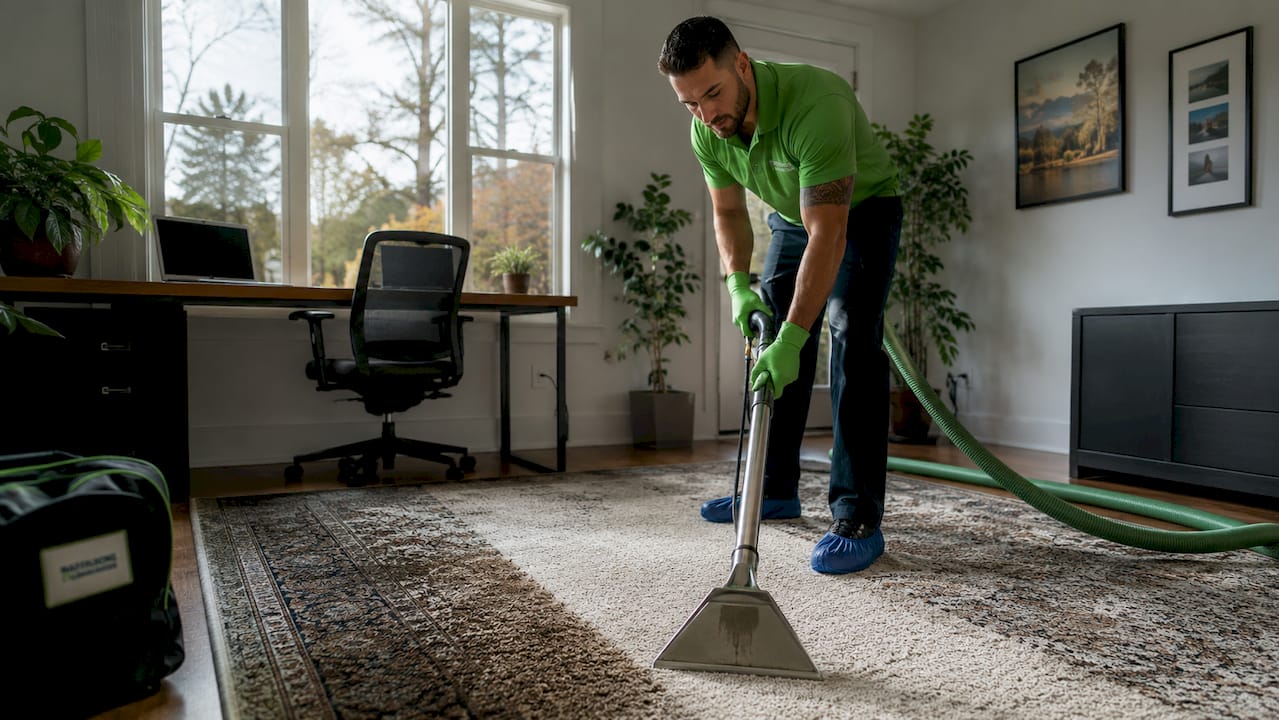 Technician performing disciplined carpet cleaning strokes