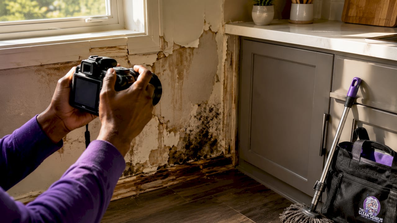 Hands photographing water damage on interior wall