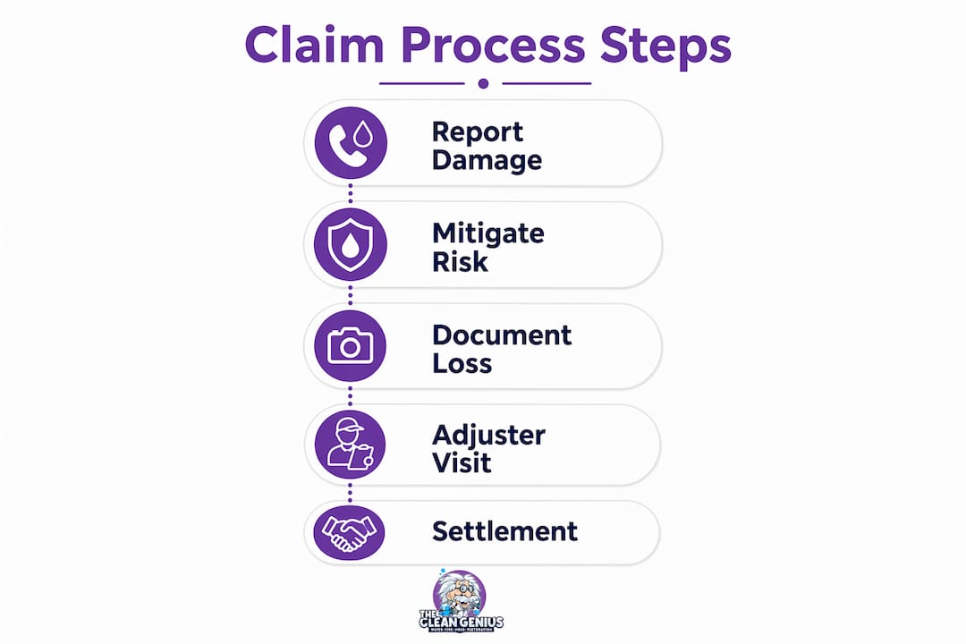 Infographic showing five key water damage insurance claim steps
