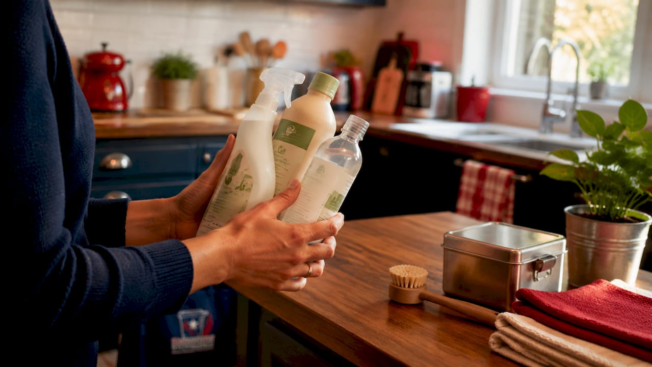 Hands holding eco-certified cleaning product bottles