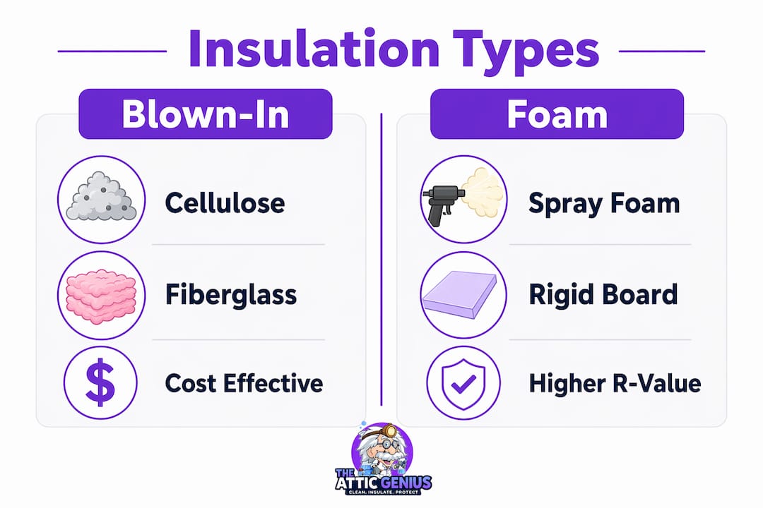 Infographic comparing blown-in and foam attic insulations