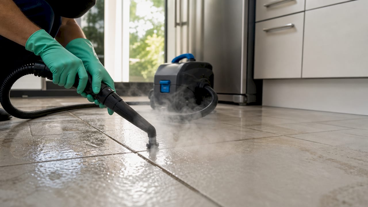 Hands steam cleaning tile grout close-up