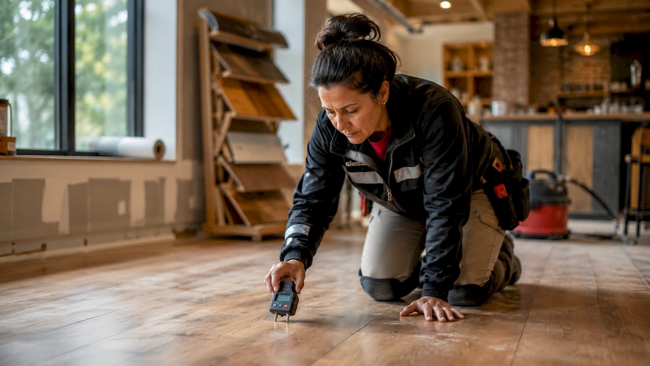 Hands measuring concrete subfloor moisture level