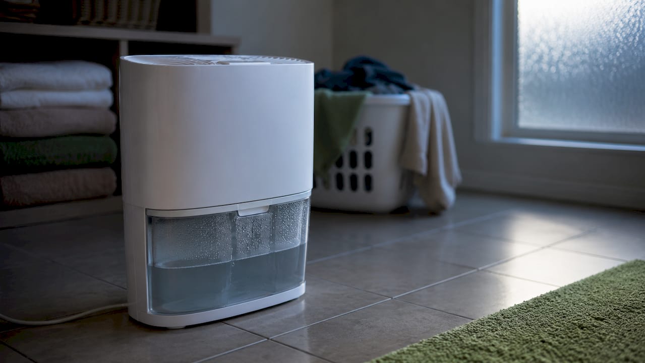 Portable dehumidifier in home basement corner