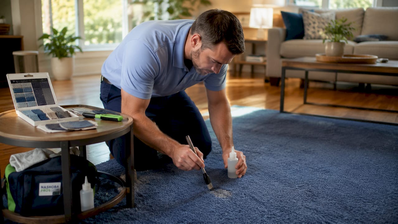 Hands repairing carpet bleach spot with tools