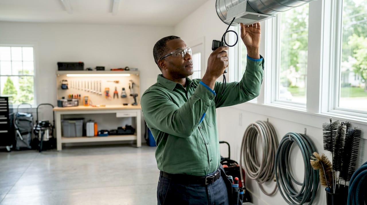 Technician inspecting air ducts with flashlight and camera