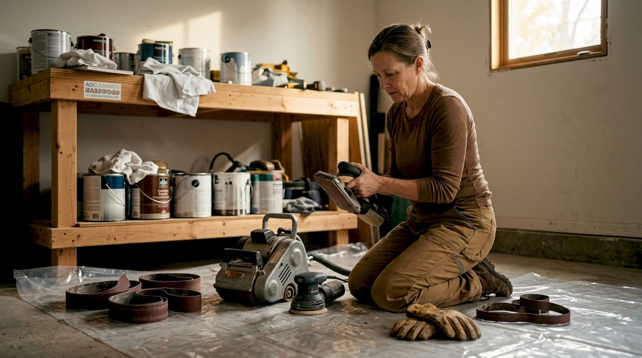 Home DIY floor refinishing tools in basement workshop