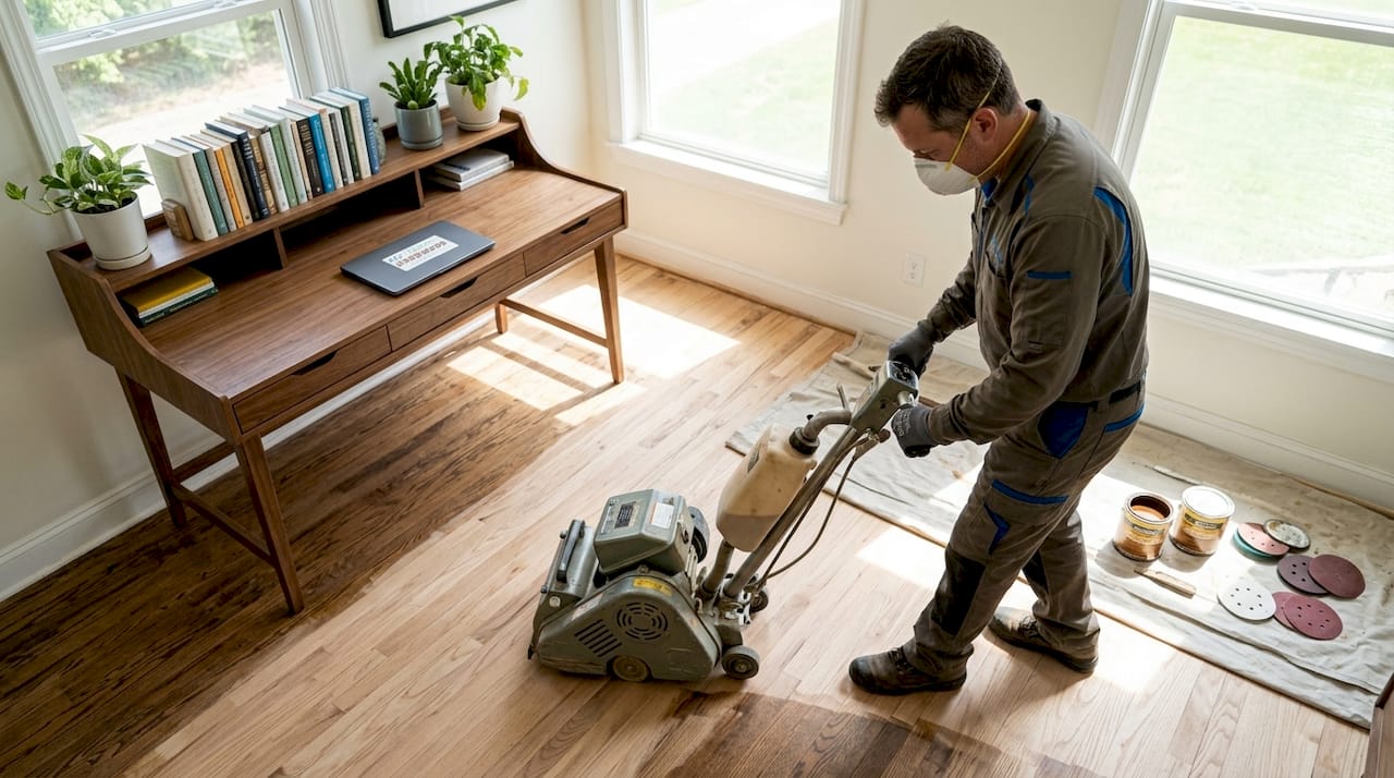 Professional sanding hardwood floor in living room