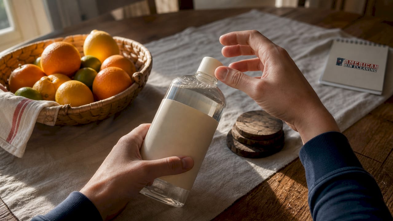 Hands holding eco-friendly cleaning product in kitchen
