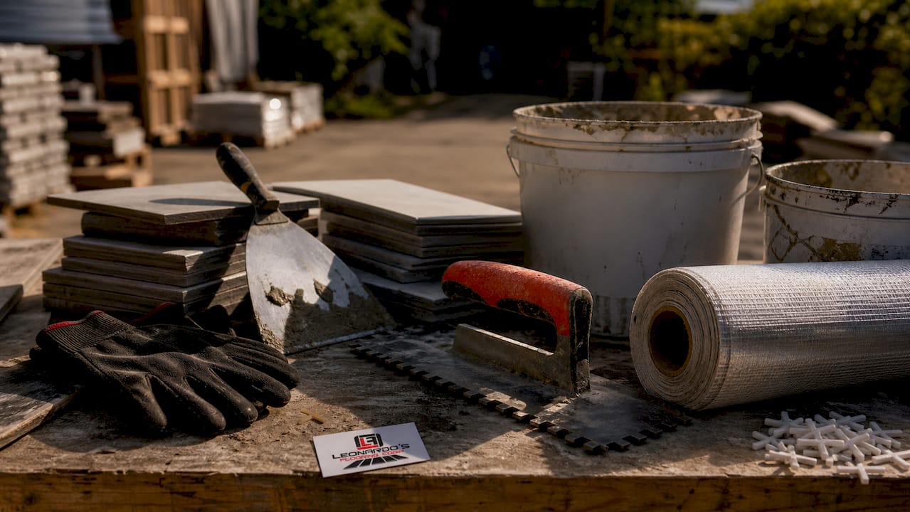 Tile installation tools and materials on workbench