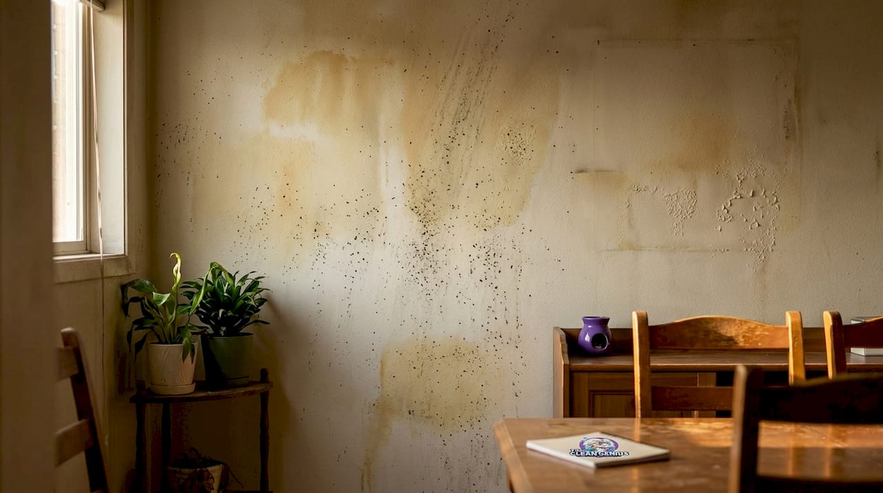 Close-up of soot damage on painted wall surface