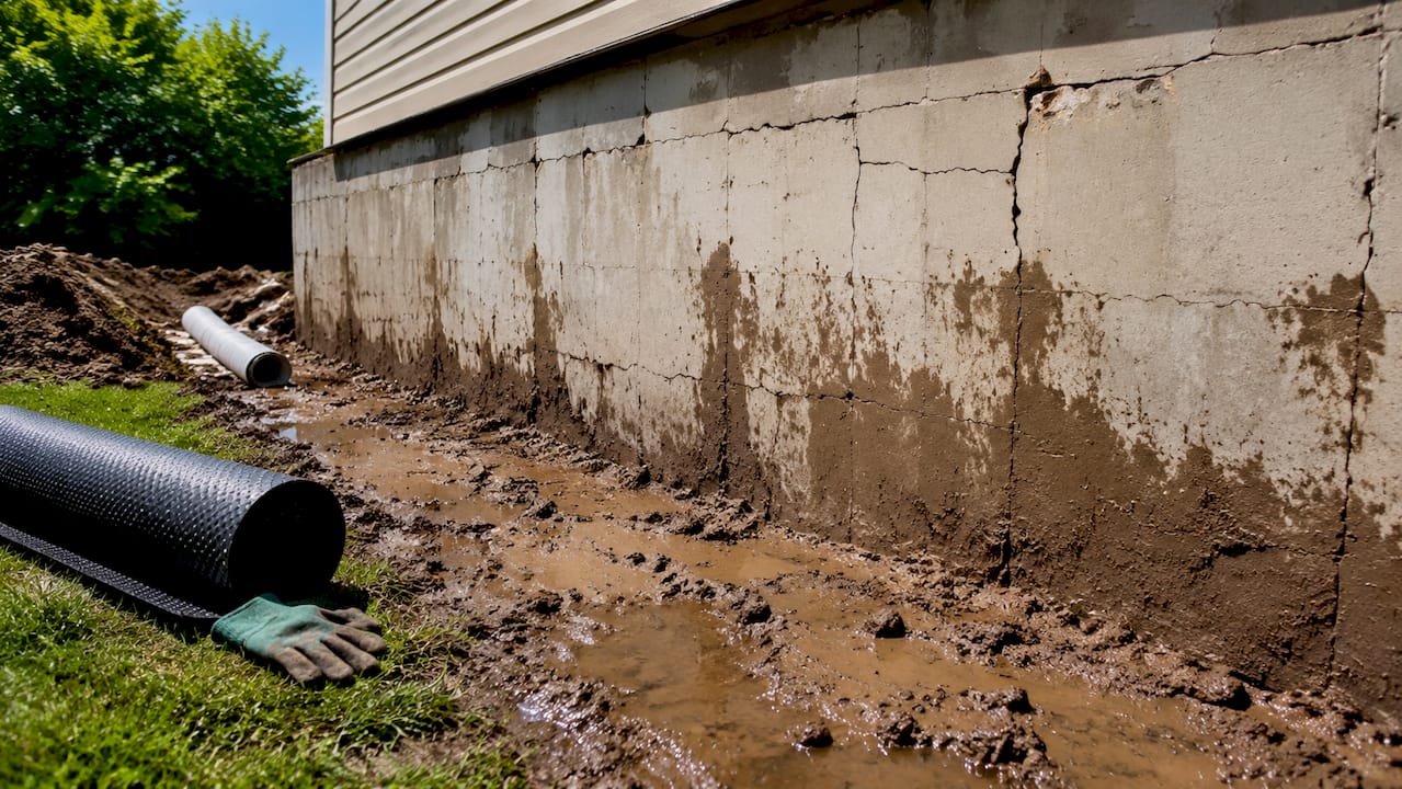 Cracked basement wall with water pressure damage