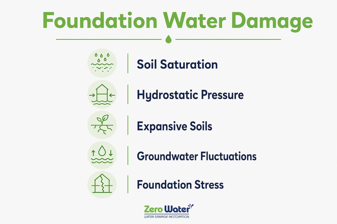 Infographic illustrating foundation water damage stages