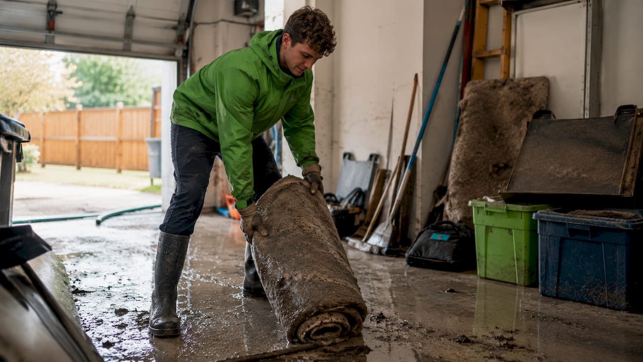 Volunteer carrying soaked carpet from flooded house