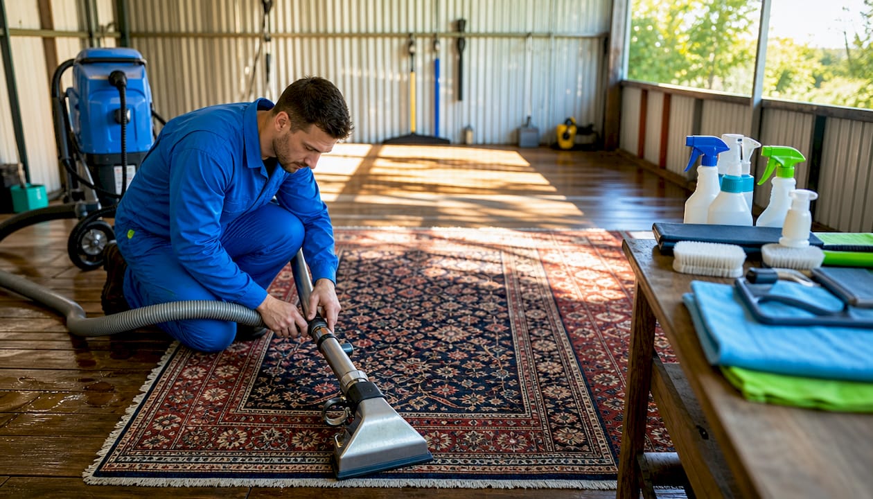 Technician deep cleaning wool rug with vacuum
