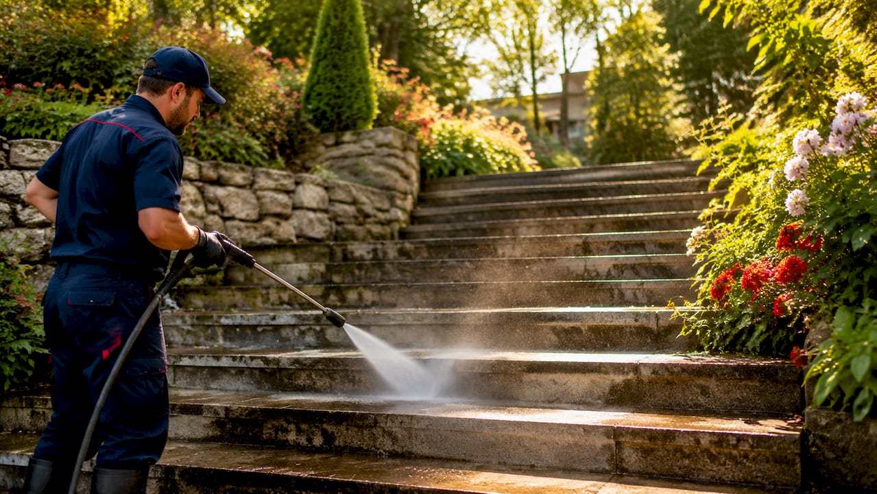 Close-up of dirt being removed by pressure washer