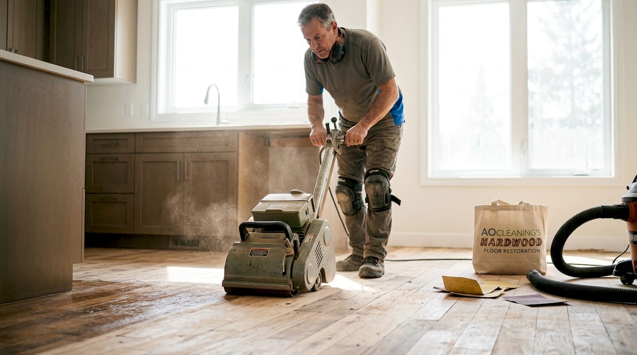 Flooring specialist sanding hardwood floor in living room