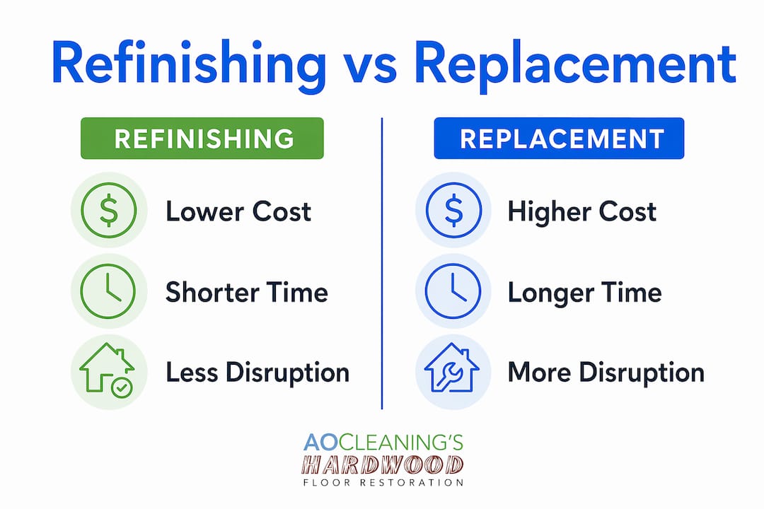 Infographic comparing refinishing and replacement key points