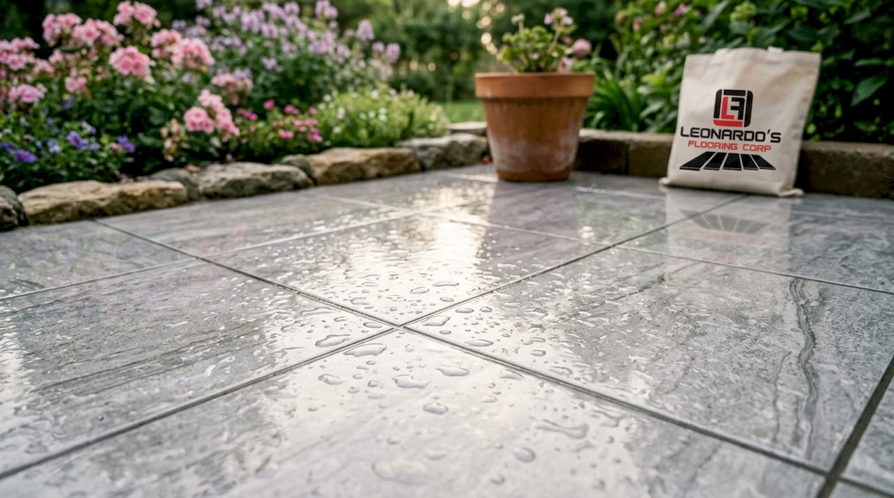 Close-up of water resistant porcelain tile floor