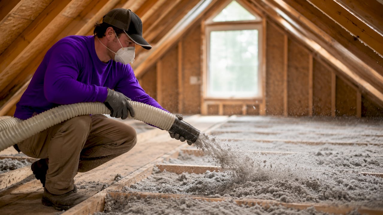 Close-up of blown-in cellulose attic insulation application