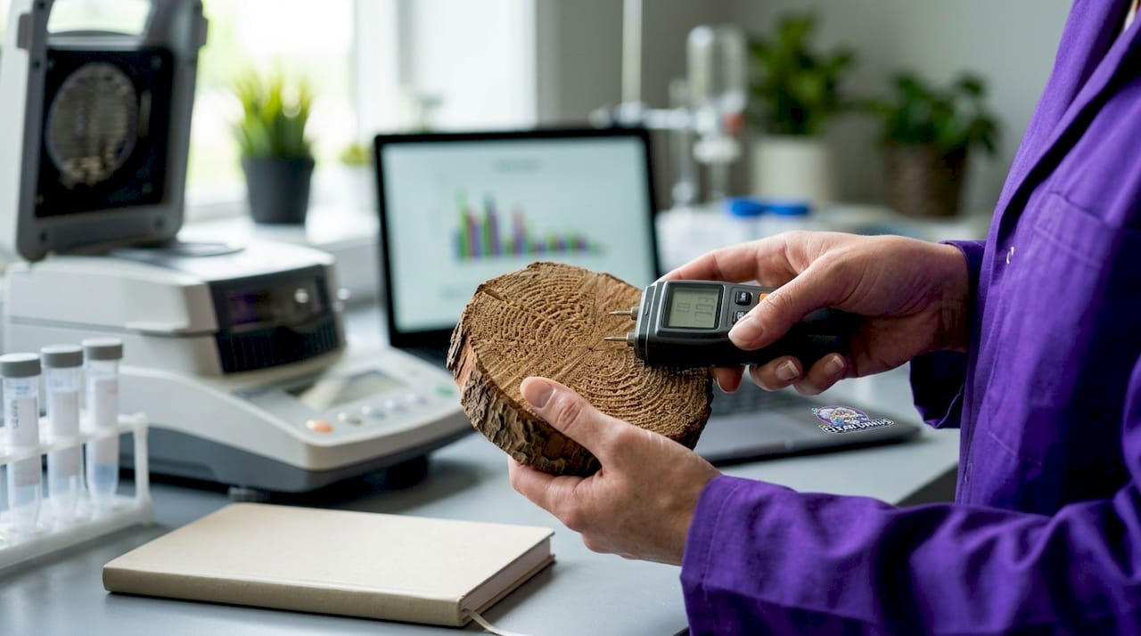 Technician measuring moisture in wood sample in lab