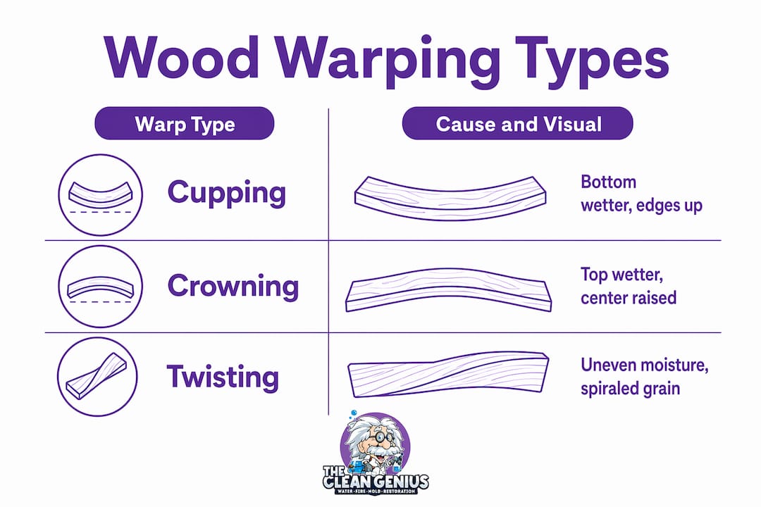 Infographic illustrating types and causes of wood warping