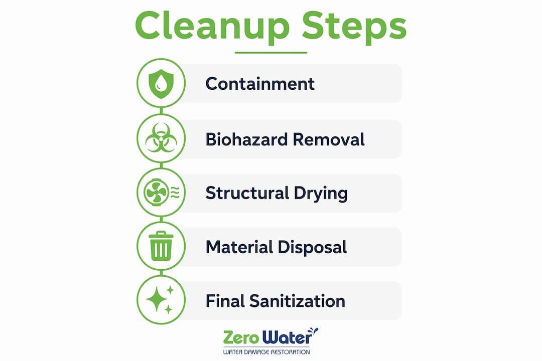 Infographic showing cleanup steps for category 3 water damage