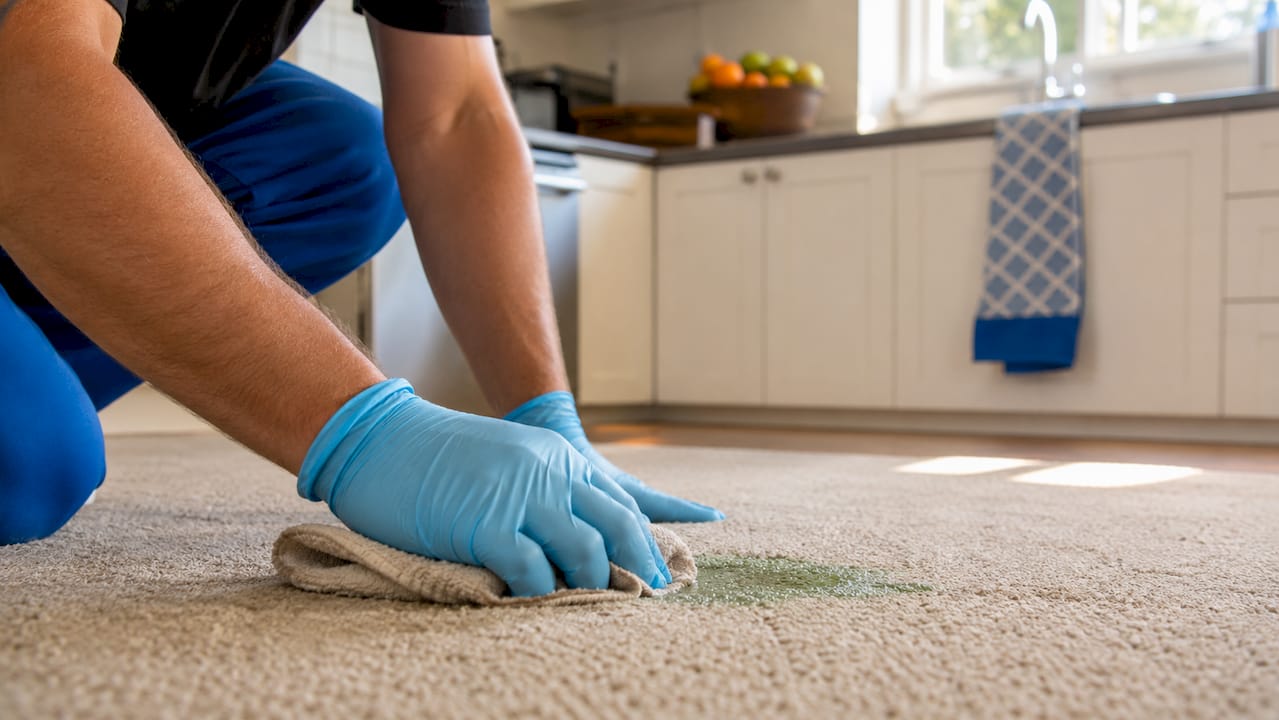 Hands blotting water-soluble carpet stain with white towel