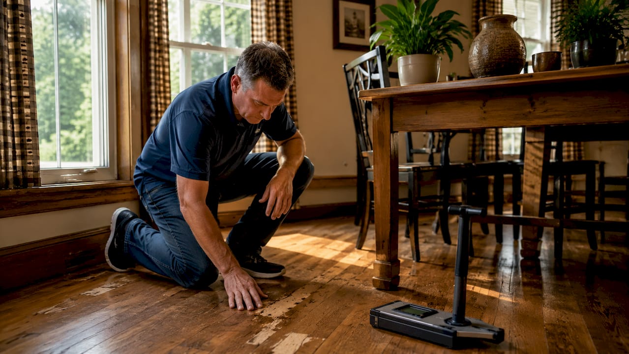 Man inspecting peeling hardwood floor finish