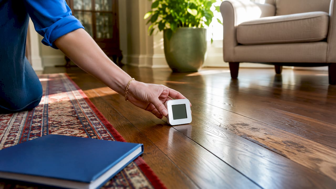 Hand placing hygrometer on hardwood floor
