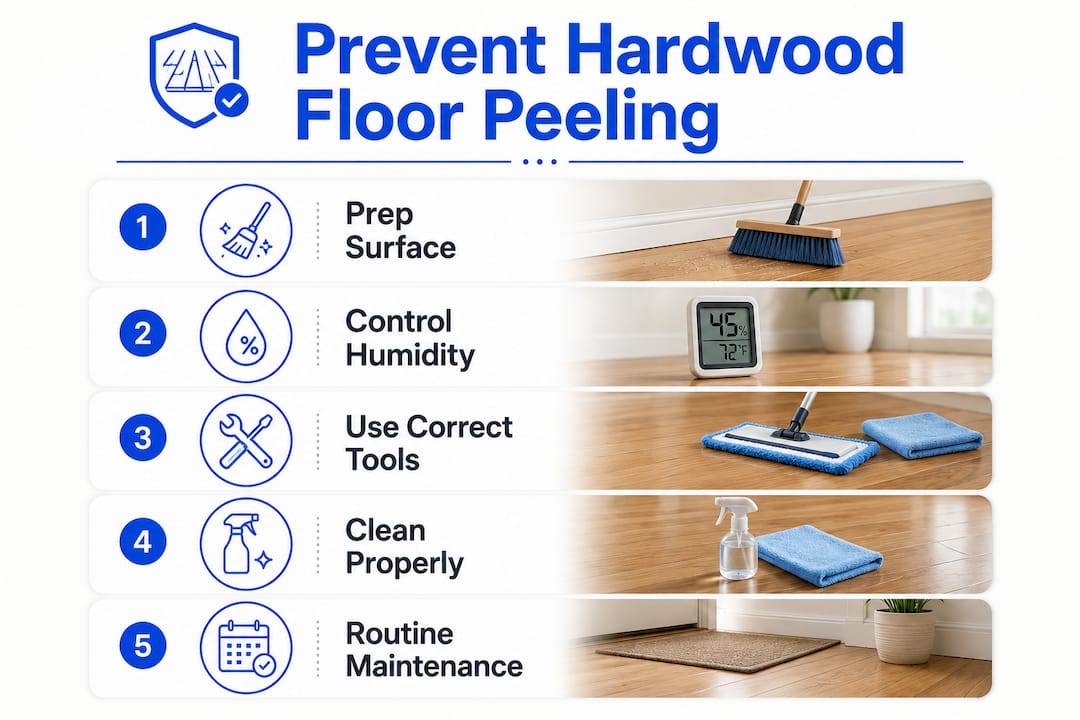 Infographic showing prevention steps for hardwood floor peeling