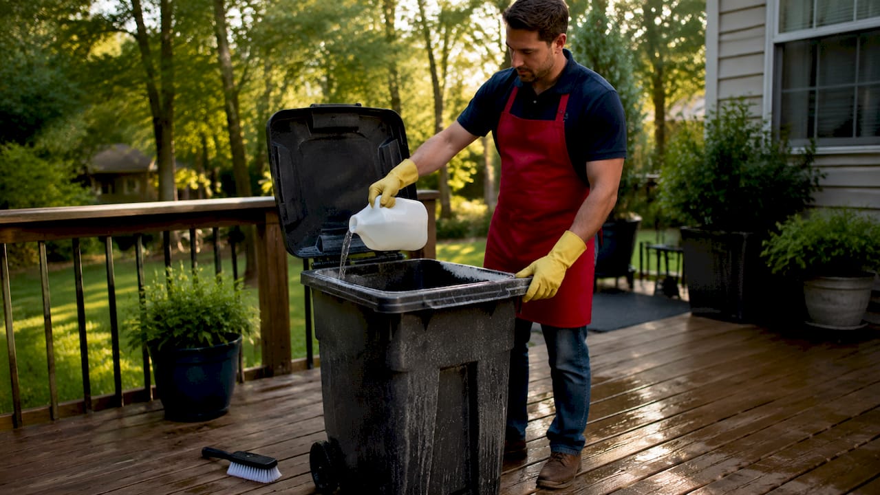 Hands pouring vinegar into garbage bin