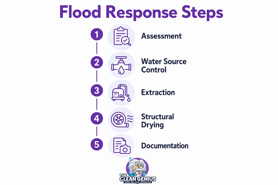 Infographic illustrating emergency flood response process steps