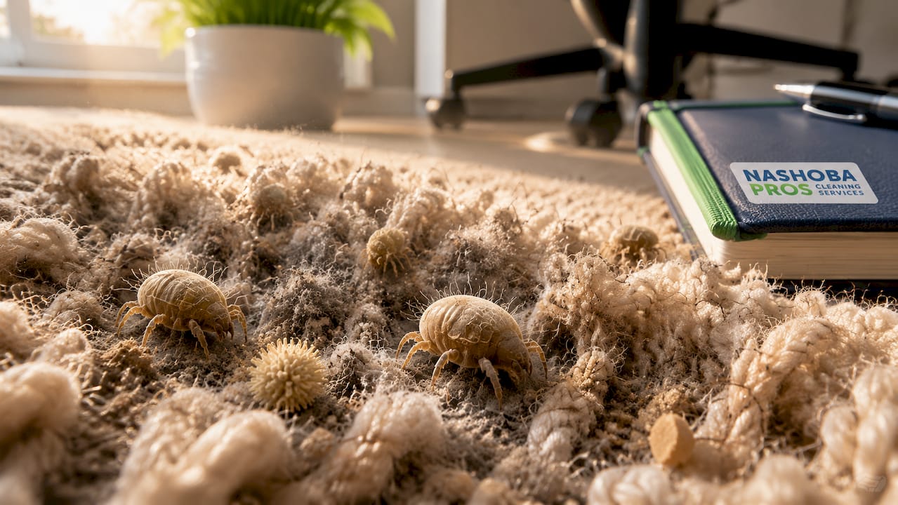 Close-up of dust mites and allergens in carpet fibers