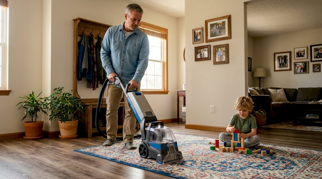 Homeowner using rental carpet cleaning machine